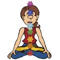 Young woman practicing mindfulness with line of chakras.