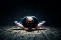 Young woman practicing yoga doing reclined goddess pose asana in dark room Royalty Free Stock Photo