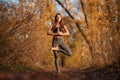 Young woman practicing yoga exercise in autumn park with yellow leaves. Sports and recreation lifestyle Royalty Free Stock Photo