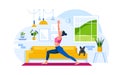 Woman practicing yoga exercise on the mat at home. Warrior pose. Flat vector illustration.