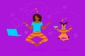 Young woman practicing yoga and meditation together with her dog using computer flying in air on purple color background Royalty Free Stock Photo