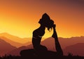 Yoga background. Young woman practicing yoga on mountain, silhouette - vector illustration