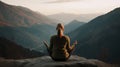 Young woman practicing yoga in mountains at sunset. Harmony, meditation, healthy lifestyle, relaxation, yoga, self care Royalty Free Stock Photo