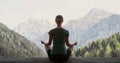 Young woman practicing yoga in mountains at sunset panoramic banner. Harmony, meditation, healthy lifestyle concept