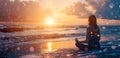 Yoga Meditating Sunrise, Woman Mindfulness Meditation on Beach Royalty Free Stock Photo