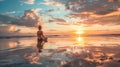 Yoga Meditating Sunrise, Woman Mindfulness Meditation on Beach Royalty Free Stock Photo