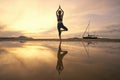 Young woman practicing yoga in the nature, Female happiness, Silhouette of young woman practicing yoga on the beach at sunset Royalty Free Stock Photo