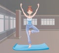 Young woman practicing yoga in studio, standing on one leg. Vrikshasana exercise, Tree pose. Vector illustration Royalty Free Stock Photo