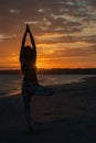 Young woman practicing yoga tree pose at sunset, sunrise . Zen wellness and wellbeing concept. Royalty Free Stock Photo