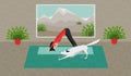 The Young Woman Practicing Yoga. The White Dog Stretching Itself in the Same Position. Downward Facing Dog Pose - Adho Mukha Svana