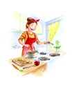 Young woman preparing food in the kitchen. Watercolor illustration. Royalty Free Stock Photo