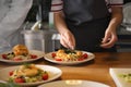 Young woman preparing tasty meat and salad during cooking classes in restaurant kitchen Royalty Free Stock Photo