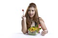 Young woman present eating salad for Healthy Royalty Free Stock Photo