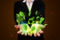 Young woman presenting eco green leaf recycle energy concept Royalty Free Stock Photo