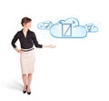 Young woman presenting modern devices in clouds