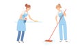 Young Woman Professional Cleaner in Blue Overall and Apron Wiping Shelf and Mopping Floor Vector Set