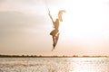 Young woman professional kiter performs a difficult trick in the air on a beautiful background of the sunset and sea Royalty Free Stock Photo