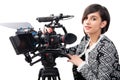 Young woman with professional video camera, SLR, on white Royalty Free Stock Photo