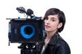 Young woman with professional video camera, SLR, on white Royalty Free Stock Photo