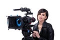 Young woman with professional video camera, SLR, on white Royalty Free Stock Photo