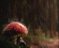 Young woman protect herself from rain under a mushroom..