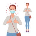 Young woman in protective mask showing thumbs up. Protection from coronavirus. Vector illustration.
