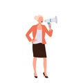 Young woman protester cartoon office worker or executive manager character shouting in megaphone Royalty Free Stock Photo