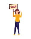 Young woman protesting with stop label character