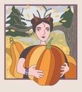 Young woman with pumpkin in autumn forest. Vector autumn concept. Halloween party. Harvest