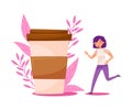 Young Woman with Purple Hair Running Towards the Huge Coffee Cup with Floral Backdrop Vector Illustration