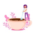 Young Woman with Purple Hair Standing on the Edge of Huge Coffee Cup and Stirring with Floral Backdrop Vector