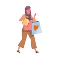 Young Woman with Purple Hair Walking with Shopping Bag Vector Illustration