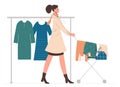 Young woman pushes cart full of goods. Sale, fashion, shopaholic concept