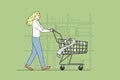 A young woman pushes a shopping cart in a supermarket, with a large receipt, anticipating happy shopping. Vector design concept