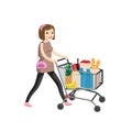 Young woman pushing supermarket shopping cart full of groceries. Flat style vector illustration isolated on white background Royalty Free Stock Photo