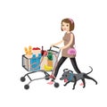 Young woman pushing supermarket shopping cart full of groceries next dog runs for sausages. Vector illustration isolated on white Royalty Free Stock Photo