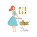 Young woman pushing supermarket shopping cart full of healthy food, girl buying vegetables at the grocery shop vector Royalty Free Stock Photo