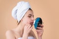 Young Woman with Pustule Acne Squeeze out Pimples. Acne on the skin. Dermatology, puberty woman. Girl Squeeze out Acne Royalty Free Stock Photo