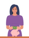 Young woman putting a dollar bill into a piggy bank. Money saving, economy concept. Profit, income, earnings, budget, fund. Vecor