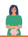 Young woman putting a gold coin into a piggy bank. Money saving, economy concept. Profit, income, earnings, budget, fund. Vecor