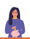 Young woman putting a gold coin into a piggy bank. Money saving, economy concept. Profit, income, earnings, budget, fund. Vecor