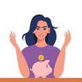 Young woman putting a gold coin into a piggy bank. Money saving, economy concept. Profit, income, earnings, budget, fund. Vecor