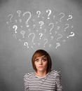 Young woman with question marks above her head Royalty Free Stock Photo