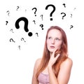 Young woman with question marks Royalty Free Stock Photo