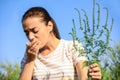 Young woman with ragweed branch suffering from allergy outdoors Royalty Free Stock Photo