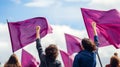 A woman raises purple flag with determination, fist held high. Generative AI