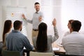 Young woman raising hand to ask question at training in conference room Royalty Free Stock Photo