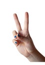 Young woman raising two fingers up on hand showing peace, strength to fight or victory symbol. White background Royalty Free Stock Photo