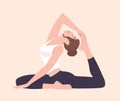 Young woman in Raja Kapotasana posture or King Pigeon Pose. Female cartoon character practicing yoga. Yogi girl Royalty Free Stock Photo