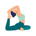 Young woman in Raja Kapotasana posture or King Pigeon Pose. Female cartoon character practicing yoga.